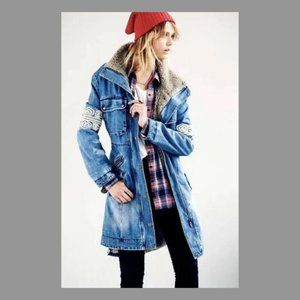 Free People Rendered Denim Embroidered Sherpa Jacket/Coat L